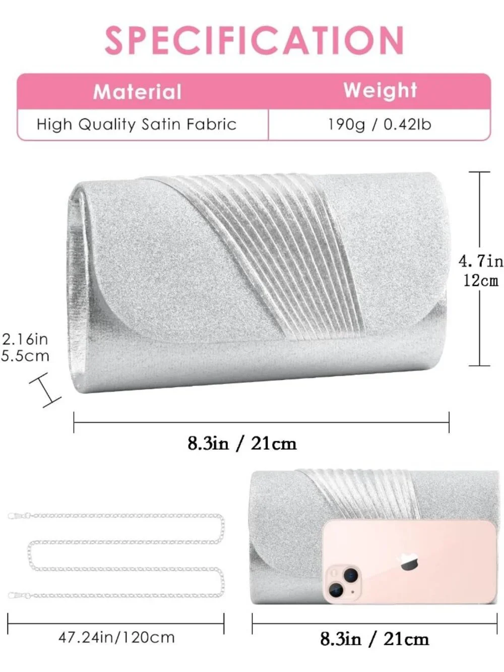 Womens Silver Clutch Purse Evening Envelope Wedding Crossbody Shoulder Bag